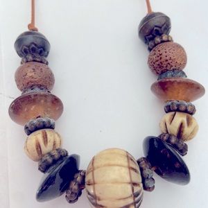 Wooden bead and leather necklace